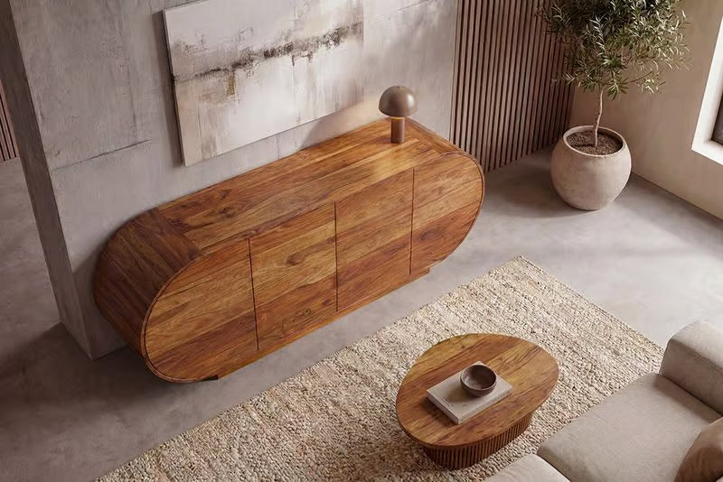 Massives Sideboard ORGANIKO 180cm braun Sheeshamholz stone finish oval