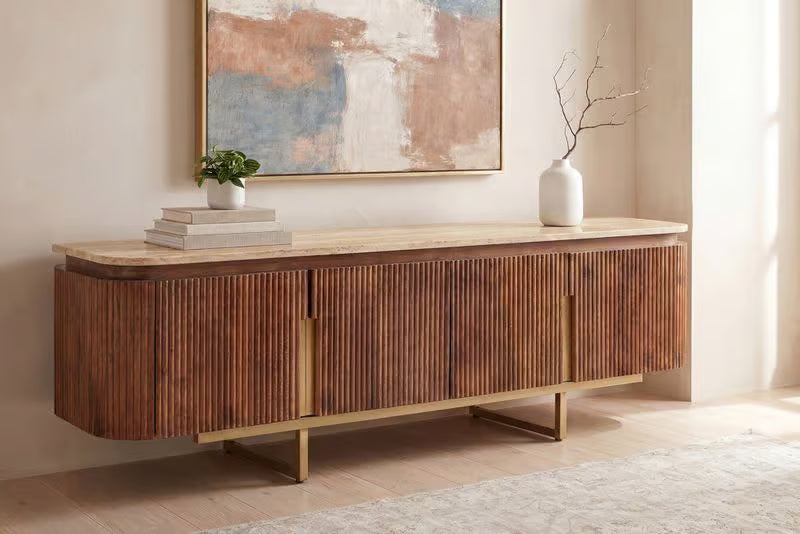 Design TV-Board GATSBY 160cm braun gold Mangoholz mit Travertin Metallgestell