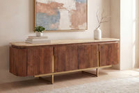 Design TV-Board GATSBY 160cm braun gold Mangoholz mit Travertin Metallgestell