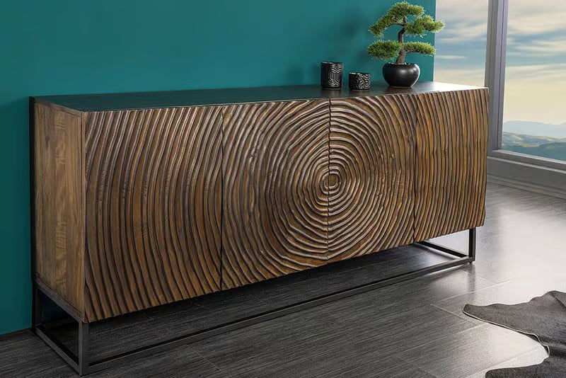 Massives Sideboard ZEN CIRCLES 160cm dunkelbraun Mangoholz 3D-Design
