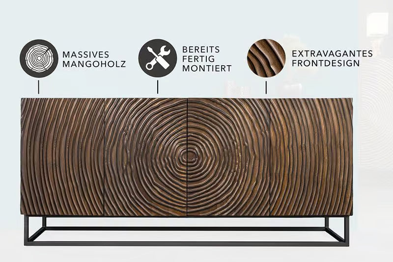 Massives Sideboard ZEN CIRCLES 160cm dunkelbraun Mangoholz 3D-Design