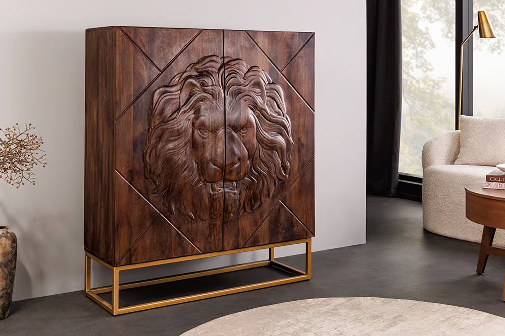 Massives Highboard LION 120cm braun Mangoholz gold Metall 3D Schnitzereien Kunstwerk