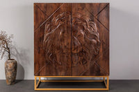 Massives Highboard LION 120cm braun Mangoholz gold Metall 3D Schnitzereien Kunstwerk
