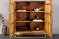 Massives Highboard LION 120cm braun Mangoholz gold Metall 3D Schnitzereien Kunstwerk