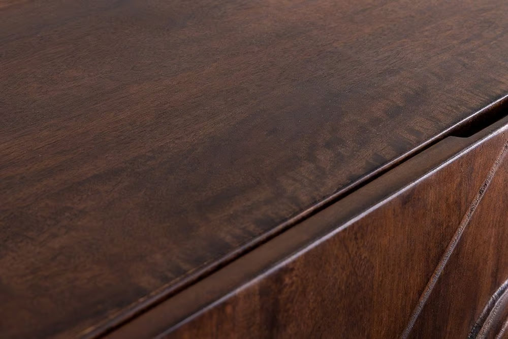 Massives Highboard LION 120cm braun Mangoholz gold Metall 3D Schnitzereien Kunstwerk