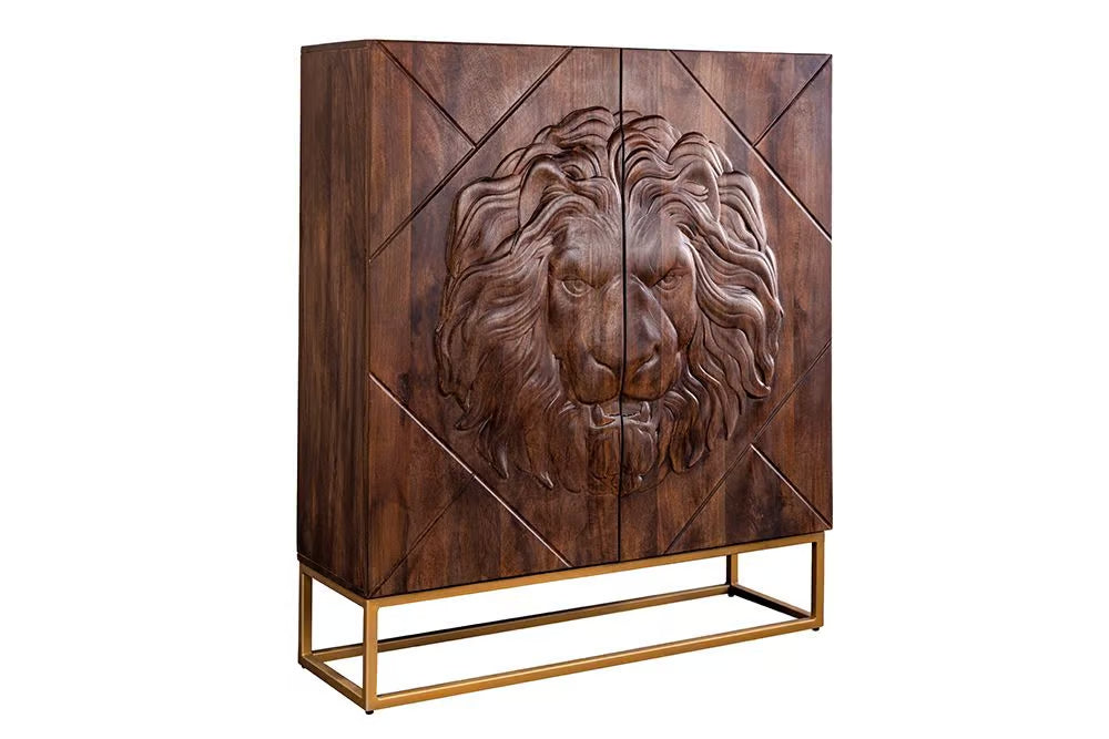 Massives Highboard LION 120cm braun Mangoholz gold Metall 3D Schnitzereien Kunstwerk