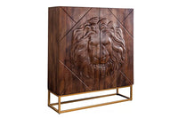 Massives Highboard LION 120cm braun Mangoholz gold Metall 3D Schnitzereien Kunstwerk