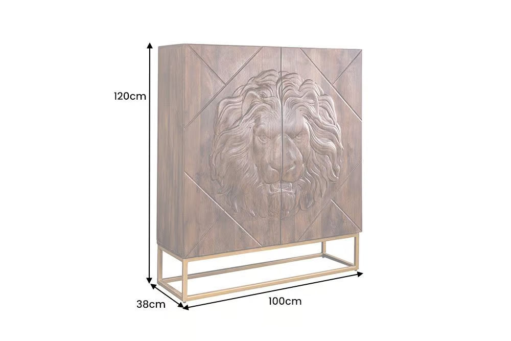 Massives Highboard LION 120cm braun Mangoholz gold Metall 3D Schnitzereien Kunstwerk