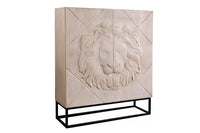 Massives Highboard LION 120cm creme Mangoholz schwarz Metall 3D Schnitzereien Kunstwerk