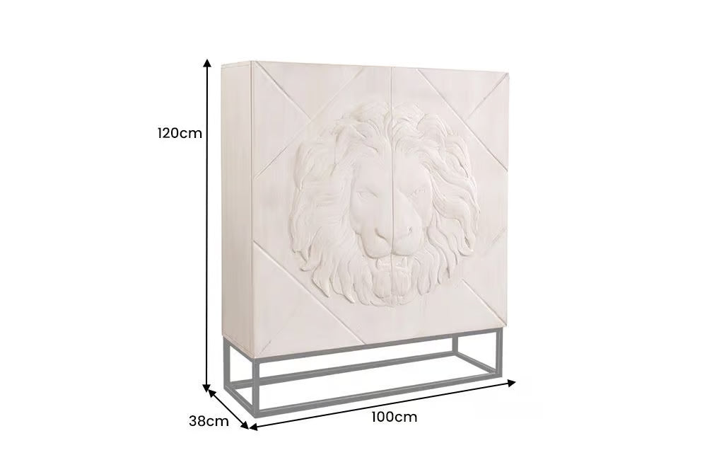 Massives Highboard LION 120cm creme Mangoholz schwarz Metall 3D Schnitzereien Kunstwerk