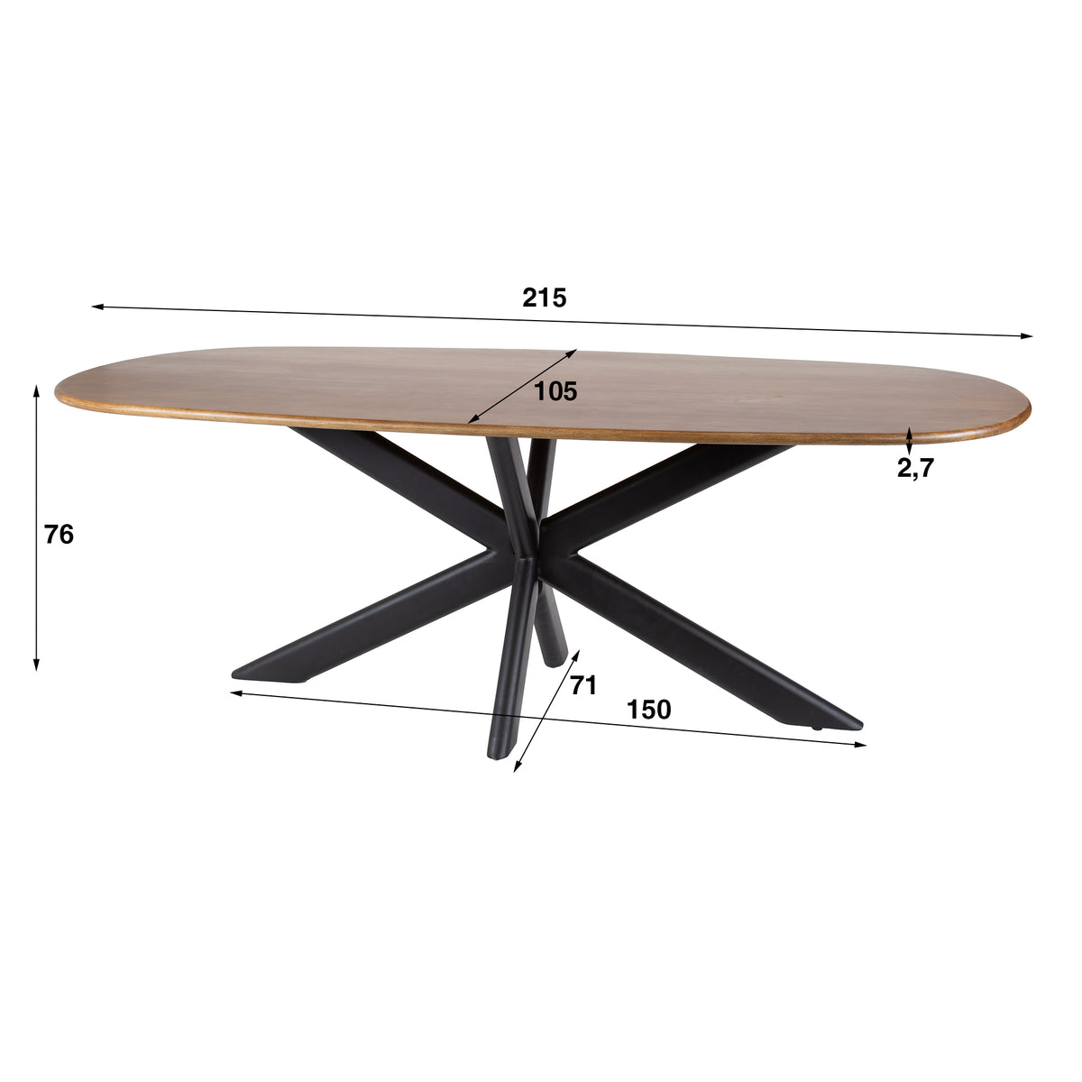 CLIFF Esstisch ovales Rohr 215cm / Massiv Mango sand