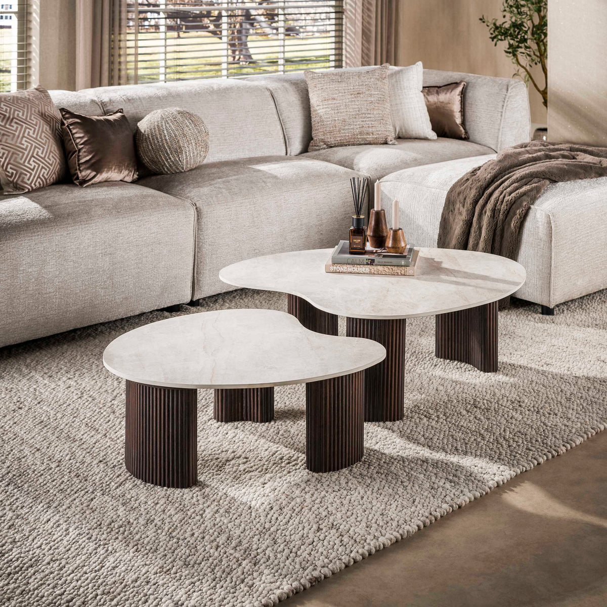 CERAMO aperto Couchtisch 2er Set / 3D Keramik Taj Mahal/ Travertinoptik