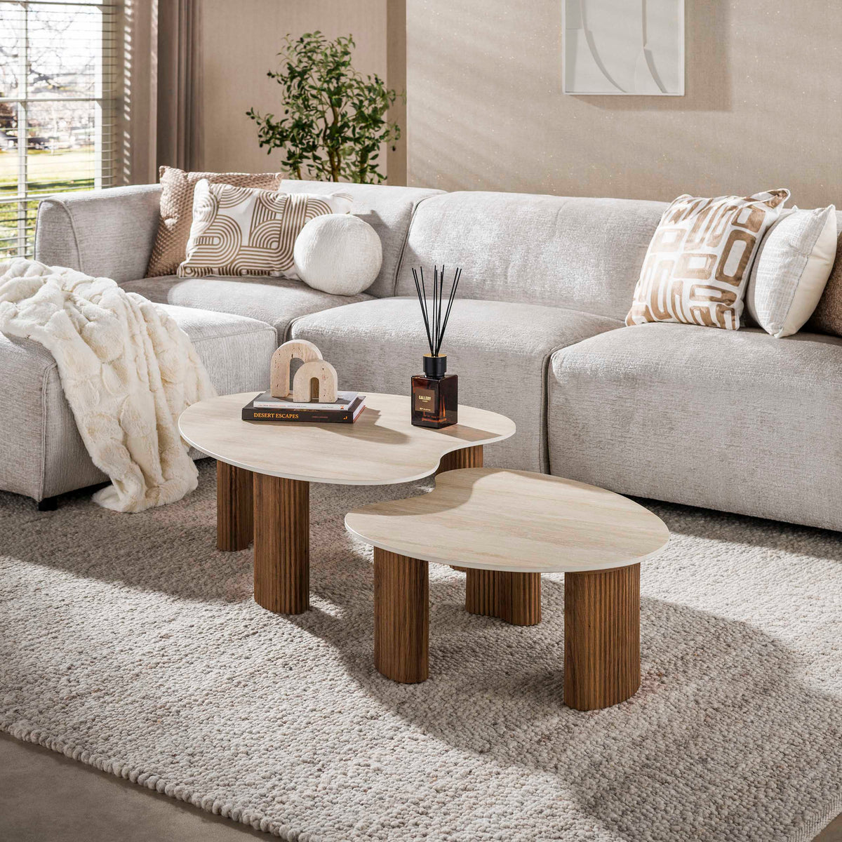 CERAMO aperto Couchtisch 2er Set / 3D Keramik Taj Mahal/ Travertinoptik