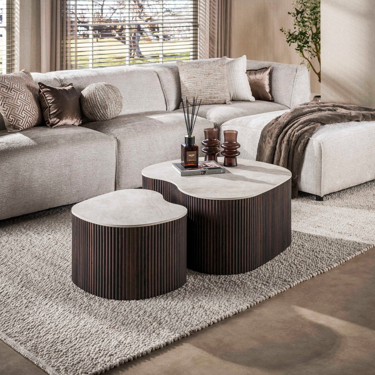 CERAMO medio Couchtisch 2er Set / 3D Keramik Taj Mahal/ Travertinoptik