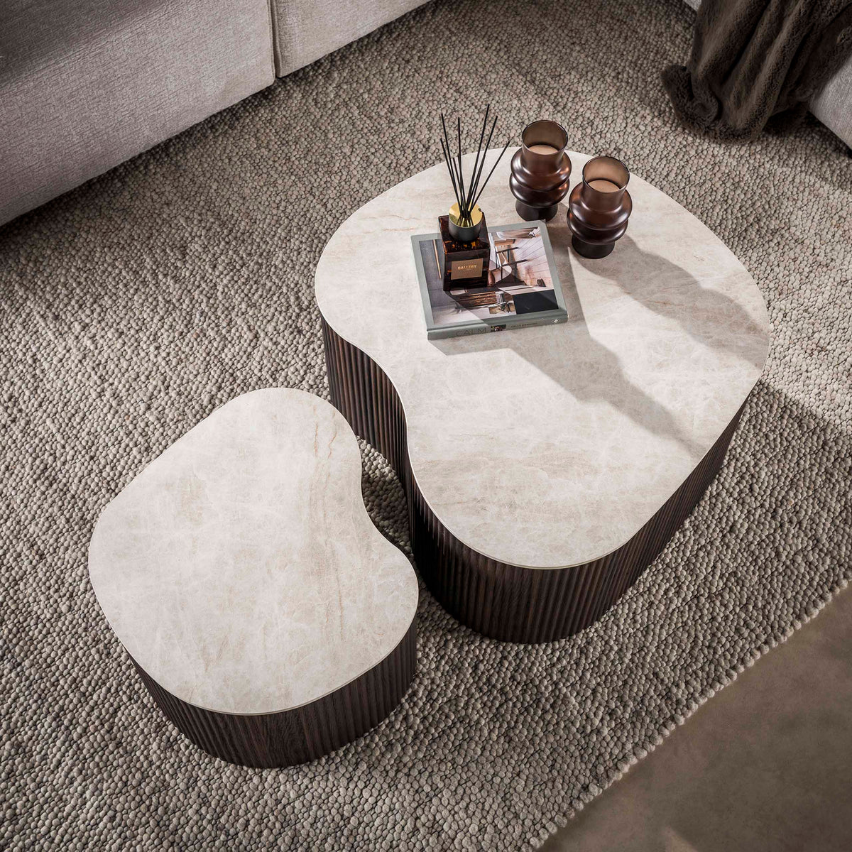CERAMO medio Couchtisch 2er Set / 3D Keramik Taj Mahal/ Travertinoptik