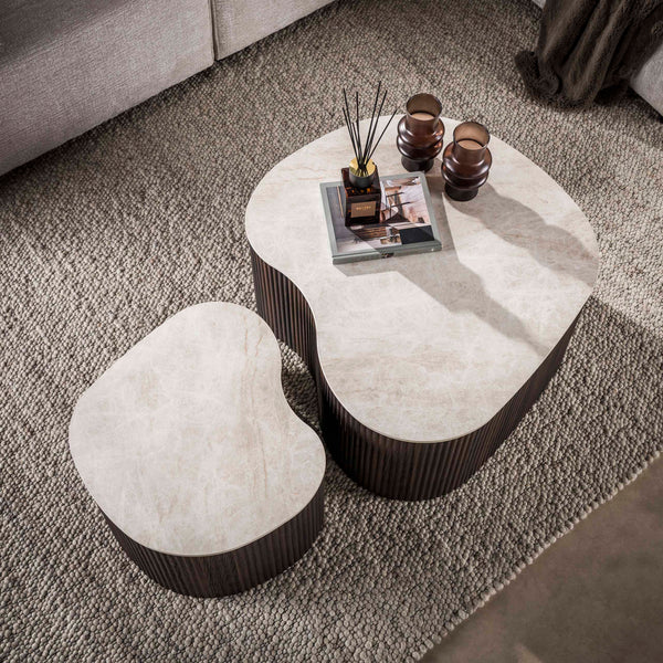 CERAMO medio Couchtisch 2er Set / 3D Keramik Taj Mahal/ Travertinoptik