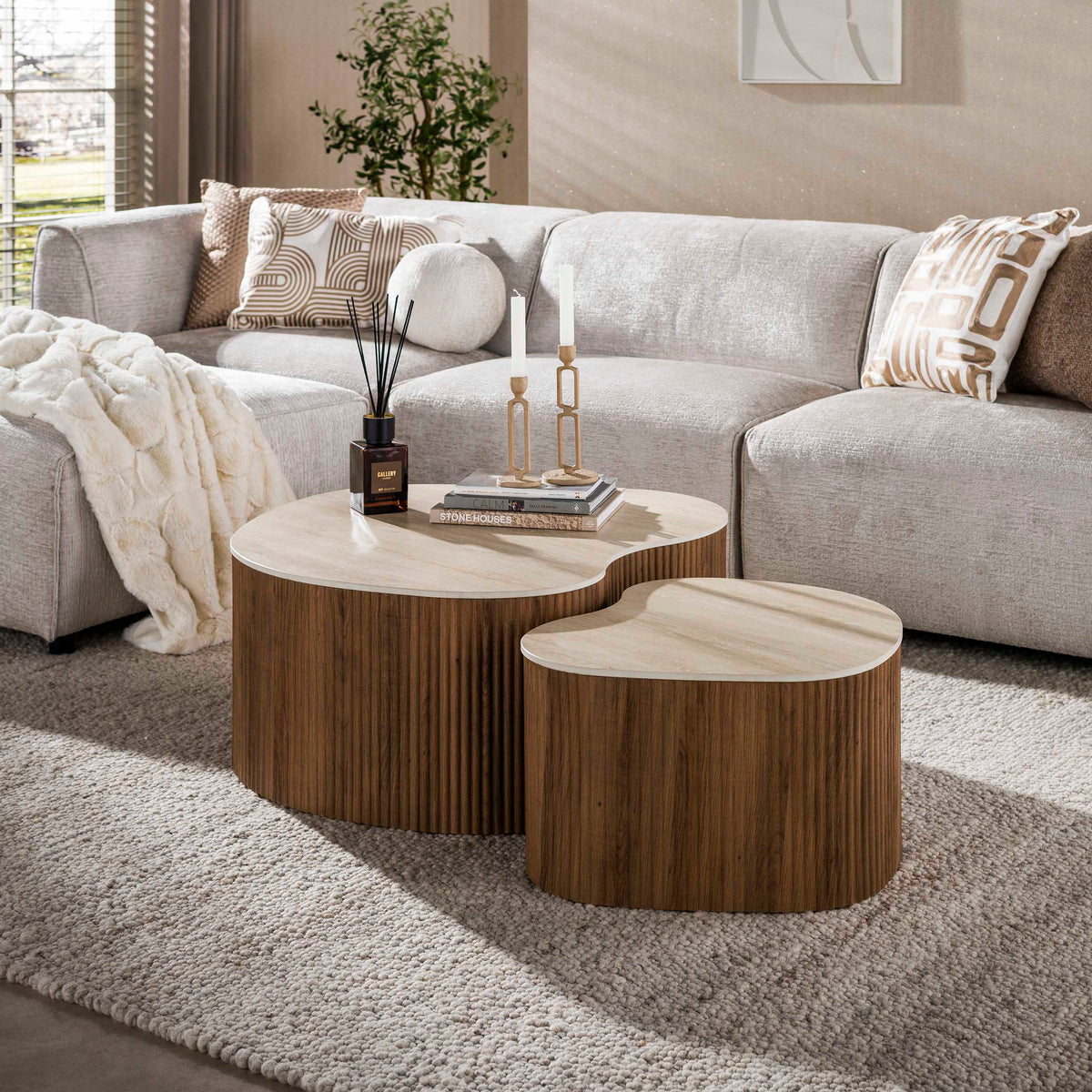 CERAMO medio Couchtisch 2er Set / 3D Keramik Taj Mahal/ Travertinoptik