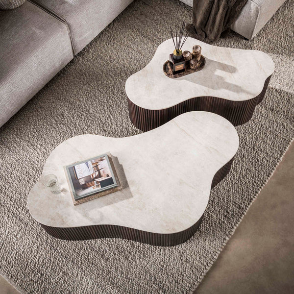 CERAMO grande Couchtisch 2er Set / 3D Keramik Taj Mahal/ Travertinoptik