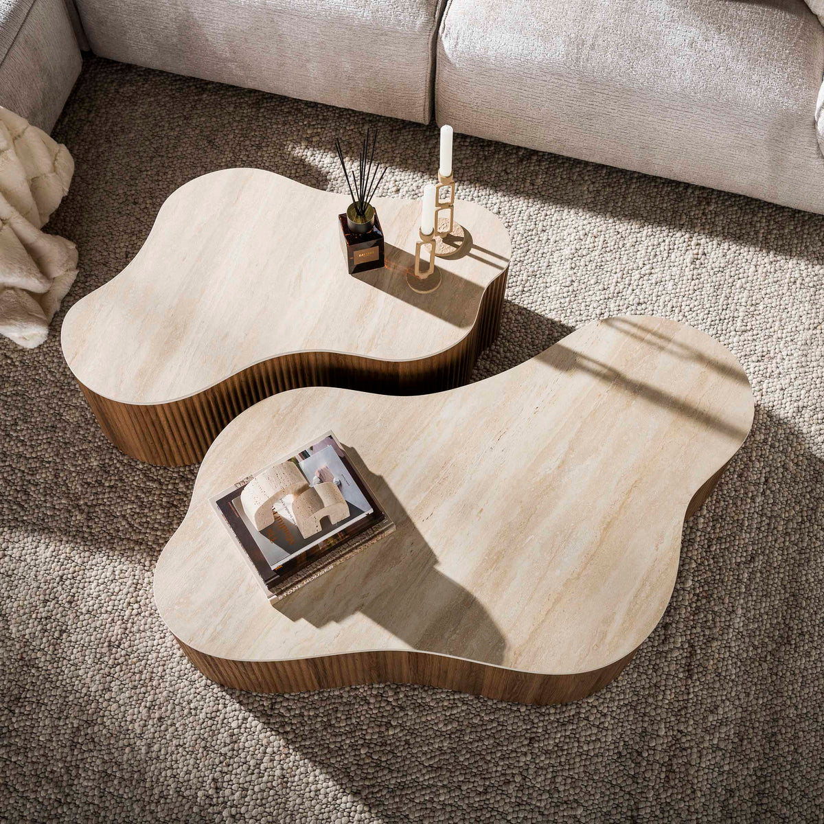 CERAMO grande Couchtisch 2er Set / 3D Keramik Taj Mahal/ Travertinoptik