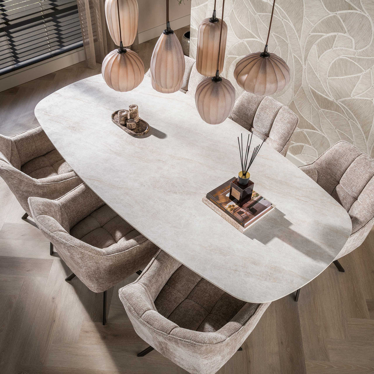 ROMANO CENTRO Esstisch oval Keramik weiß Travertinoptik 215cm