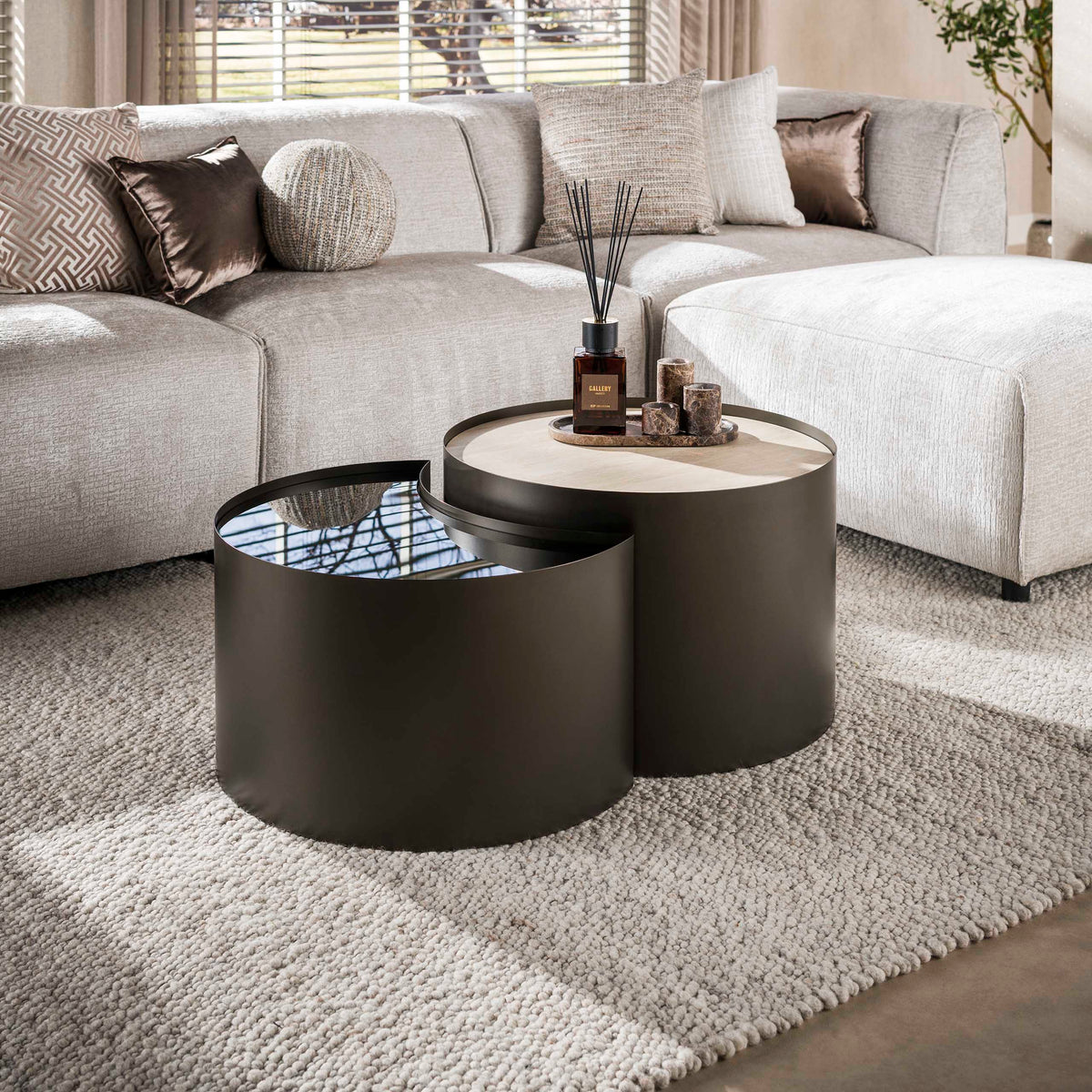 METAL Couchtisch half moon Set aus 2 / 3D Keramik travertin