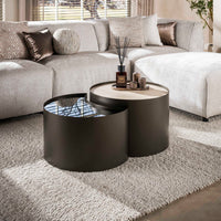 METAL Couchtisch half moon Set aus 2 / 3D Keramik travertin