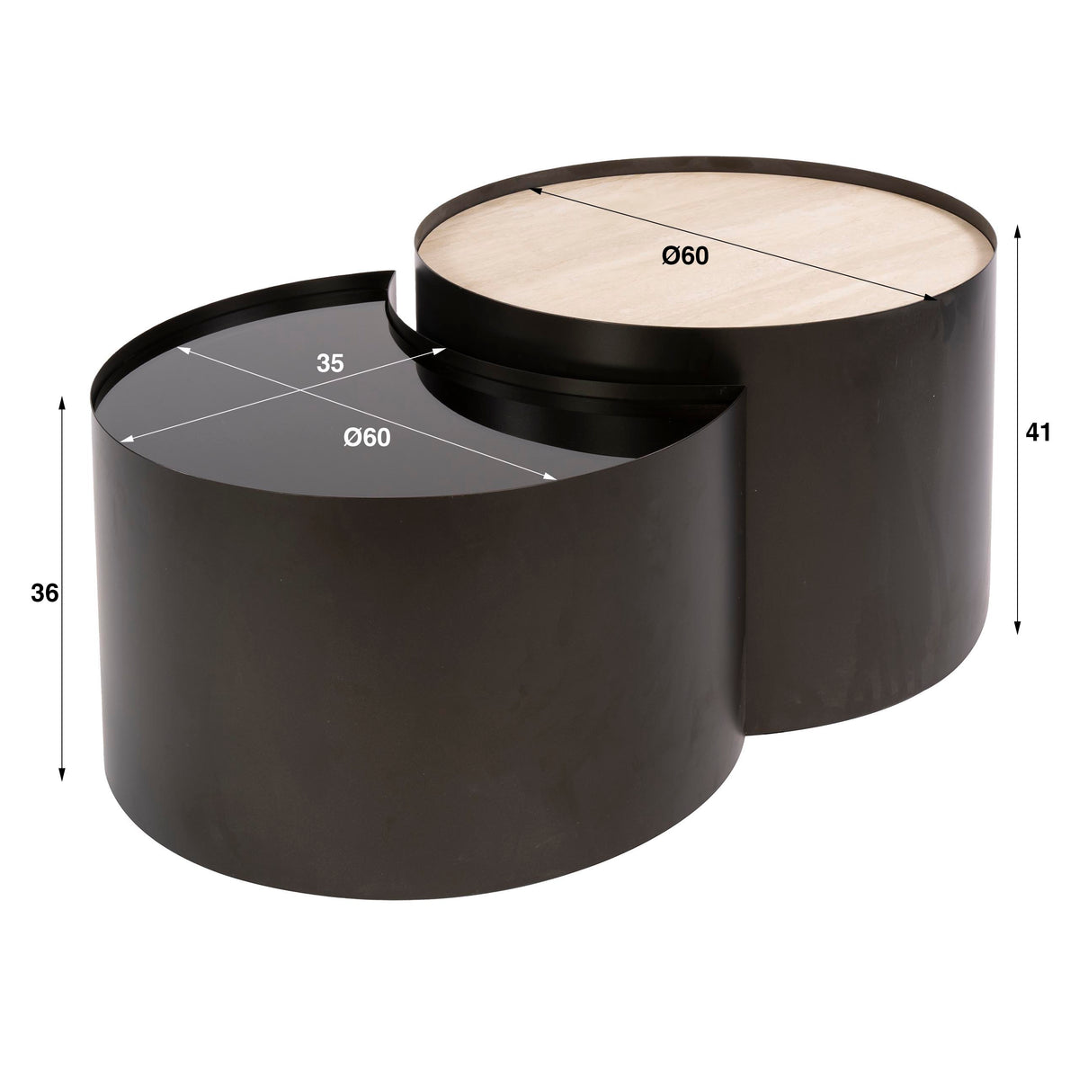 METAL Couchtisch half moon Set aus 2 / 3D Keramik travertin