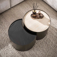 METAL Couchtisch half moon Set aus 2 / 3D Keramik travertin