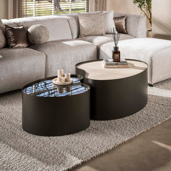 METAL Couchtisch Set aus 2 / 3D Keramik travertin