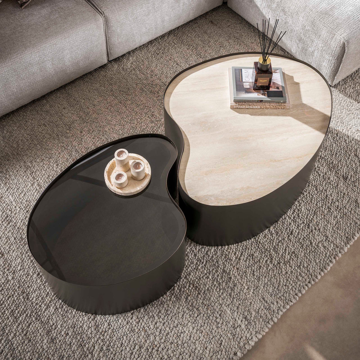 METAL Couchtisch Set aus 2 / 3D Keramik travertin