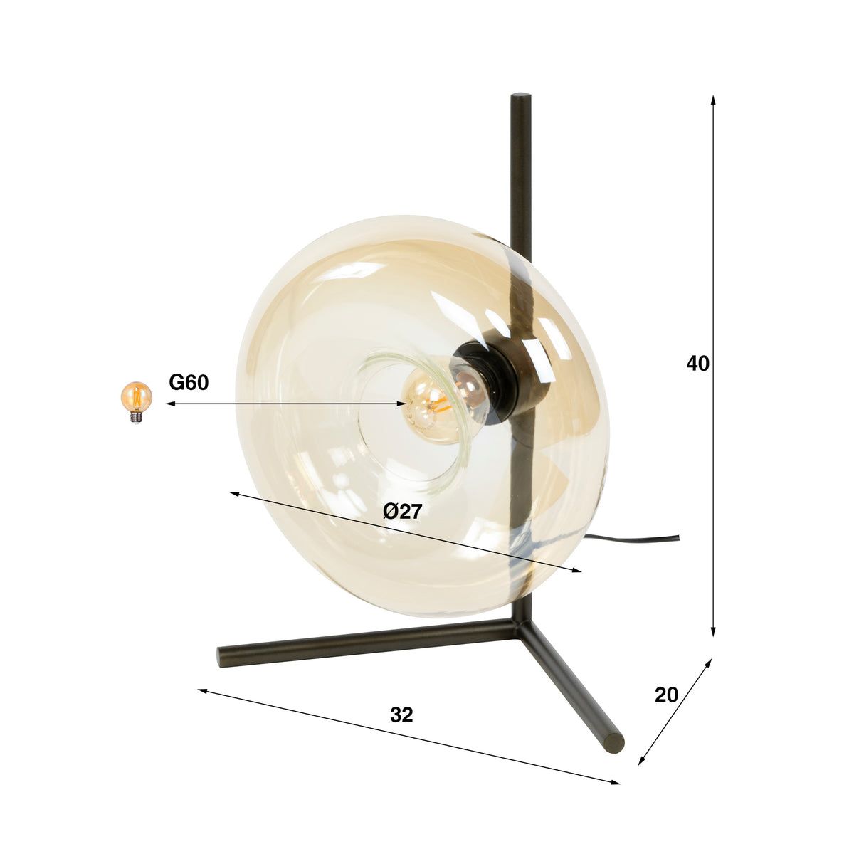 Tischleuchte SOLL 1F – 40 cm, Glas & Metall, 3 Farbvarianten