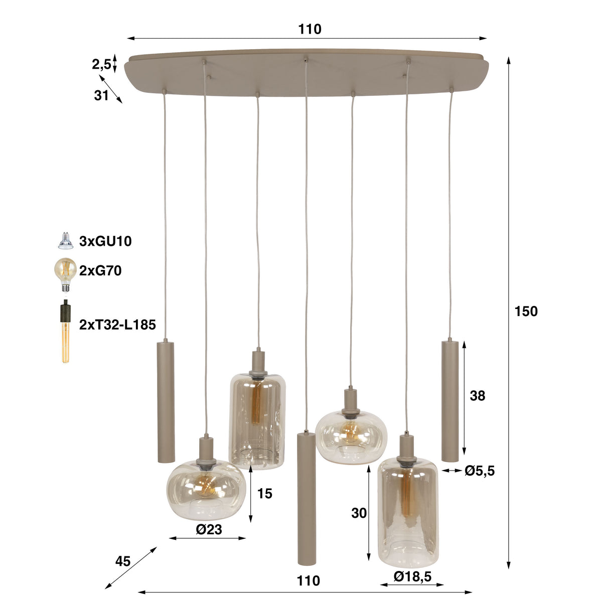 Pendelleuchte Serene 4+3-Fassungen / Beige