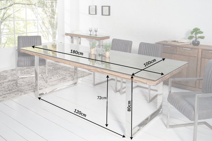 BARRACUDA solid dining table 180cm antique teak wood with steel sled feet including glass top