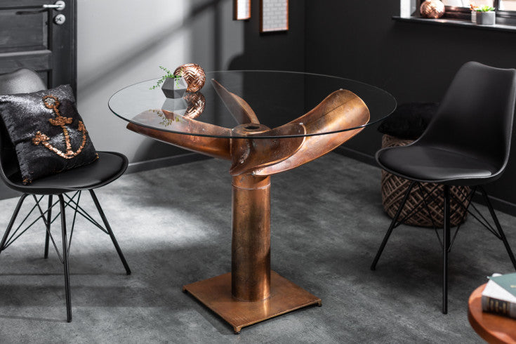 OCEAN maritime dining table 105cm flamed copper glass table with ship propeller