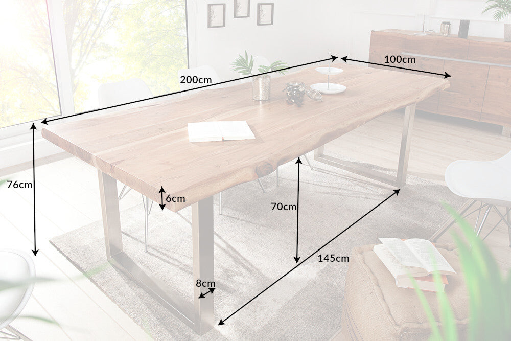 Massivholz Esstisch MAMMUT NATURE Akazie Edelstahl Baumkante 6cm Tischplatte