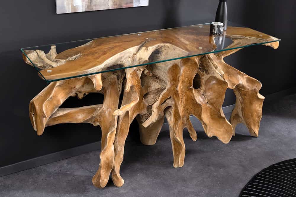 ROOT Massiver Konsolentisch 150cm natur Teak Massivholz aus Wurzelholz Glasplatte