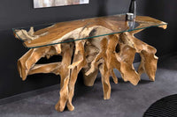 ROOT Massiver Konsolentisch 150cm natur Teak Massivholz aus Wurzelholz Glasplatte