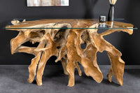 ROOT Massiver Konsolentisch 150cm natur Teak Massivholz aus Wurzelholz Glasplatte