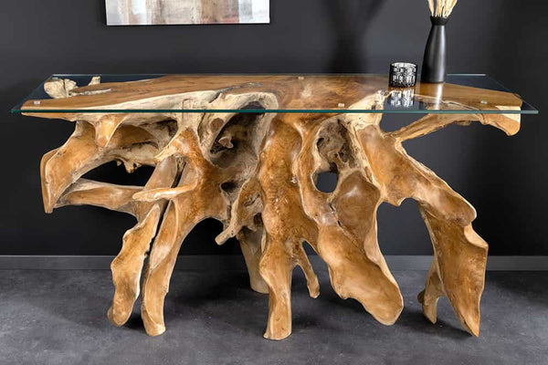 ROOT Massiver Konsolentisch 150cm natur Teak Massivholz aus Wurzelholz Glasplatte