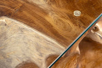 ROOT Massiver Konsolentisch 150cm natur Teak Massivholz aus Wurzelholz Glasplatte