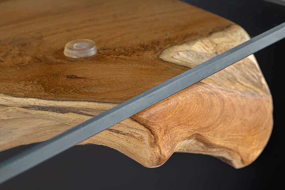 ROOT Massiver Konsolentisch 150cm natur Teak Massivholz aus Wurzelholz Glasplatte