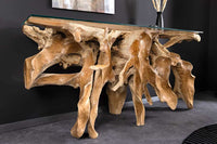 ROOT Massiver Konsolentisch 150cm natur Teak Massivholz aus Wurzelholz Glasplatte