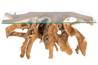 ROOT Massiver Konsolentisch 150cm natur Teak Massivholz aus Wurzelholz Glasplatte