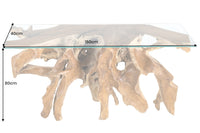 ROOT Massiver Konsolentisch 150cm natur Teak Massivholz aus Wurzelholz Glasplatte