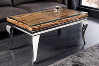 MODERN BAROCK Design Couchtisch 100cm natur chrom Teakholz Edelstahl Glasplatte
