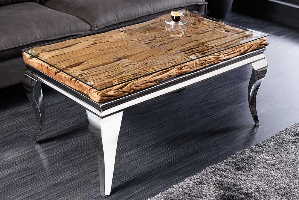 MODERN BAROCK Design Couchtisch 100cm natur chrom Teakholz Edelstahl Glasplatte