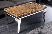 MODERN BAROCK Design Couchtisch 100cm natur chrom Teakholz Edelstahl Glasplatte