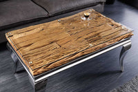 MODERN BAROCK Design Couchtisch 100cm natur chrom Teakholz Edelstahl Glasplatte