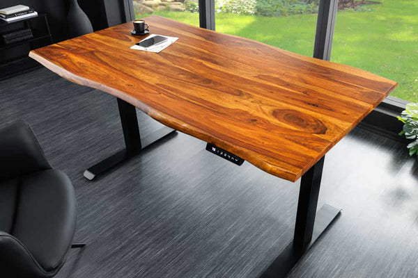 MAMMUT Höhenverstellbarer Schreibtisch 160cm natur Sheesham Massivholz Baumkante
