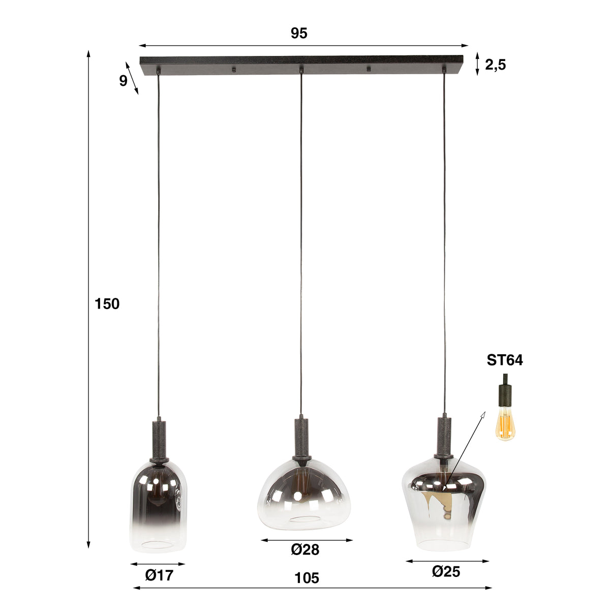 Pendelleuchte ZENITH 3F – Chromfarbene Glasschirme & Arktisschwarz